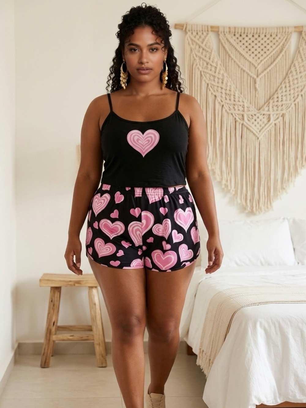 NWT Plus Size Pajama Short Set - Tank Black Pink Hearts  Loungewear - Size XL